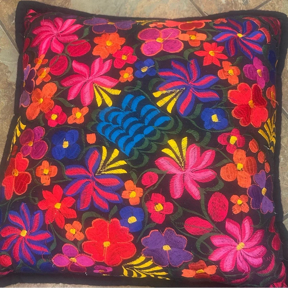 Mexican Chiapas Region Floral Embroidered Throw Pillows Set of 2